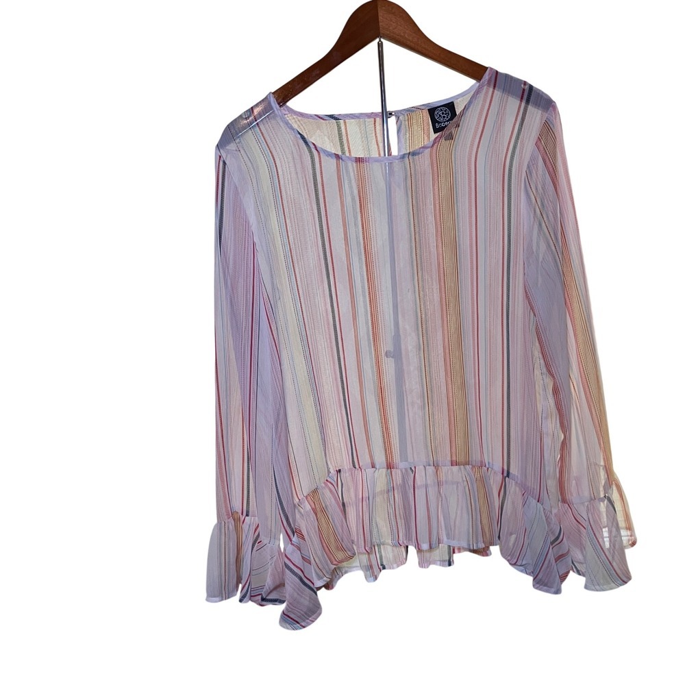 Bobeau Striped Peplum Blouse Womens Large Multi Color Sheer Metallic Shimmer Top